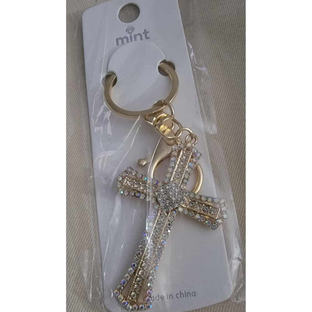 Mint Gold Tone Rhinestone Cross Keychain Religious Key Ring‎ Bag Charm New